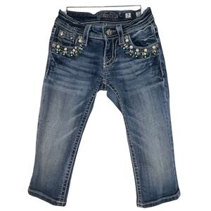 Miss Me Girls Cuffed Capri Jeans Size 7 Embellished Pockets Medium Wash